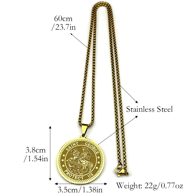 سانت جورج حماية لنا ميدالية قلادة قلادة النساء الرجال الفولاذ المقاوم للصدأ الذهب اللون المسيحية سلسلة تميمة مجوهرات هدية حفلة
