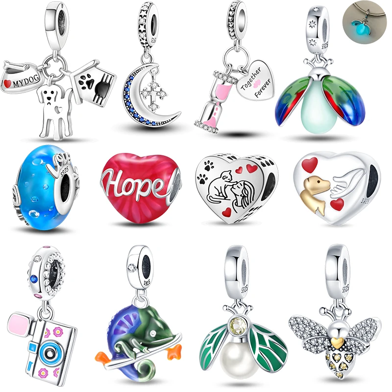 

New 925 Sterling Silver Hope Heart Glow in the dark Firefly Pet Dog Charm Beads Fit Original Pandora Bracelet Jewelry Making