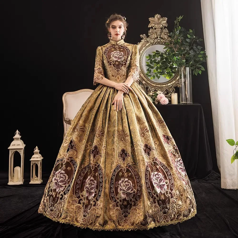 

Oil Painting Court Retro Celebrity Dress Gorgeous Performance Dress Stage Sissi Princess Mid-sleeved Annual Meeting Women 연주용드레스