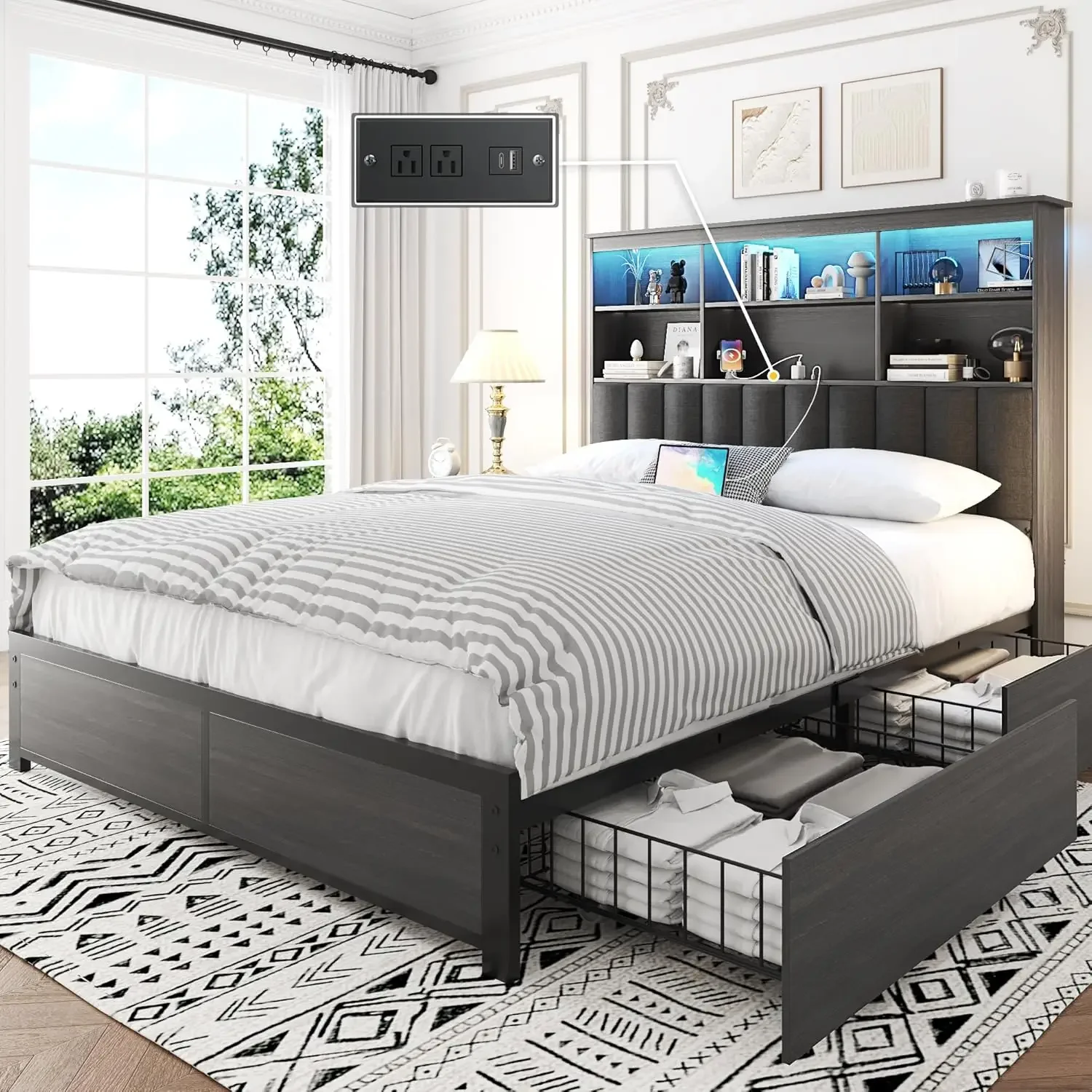 Lifezone Queen Bed Frame With Headboard, Queen Bed Frame With High Storage Bookcase Headboard,4 Storage Drawers & Charging