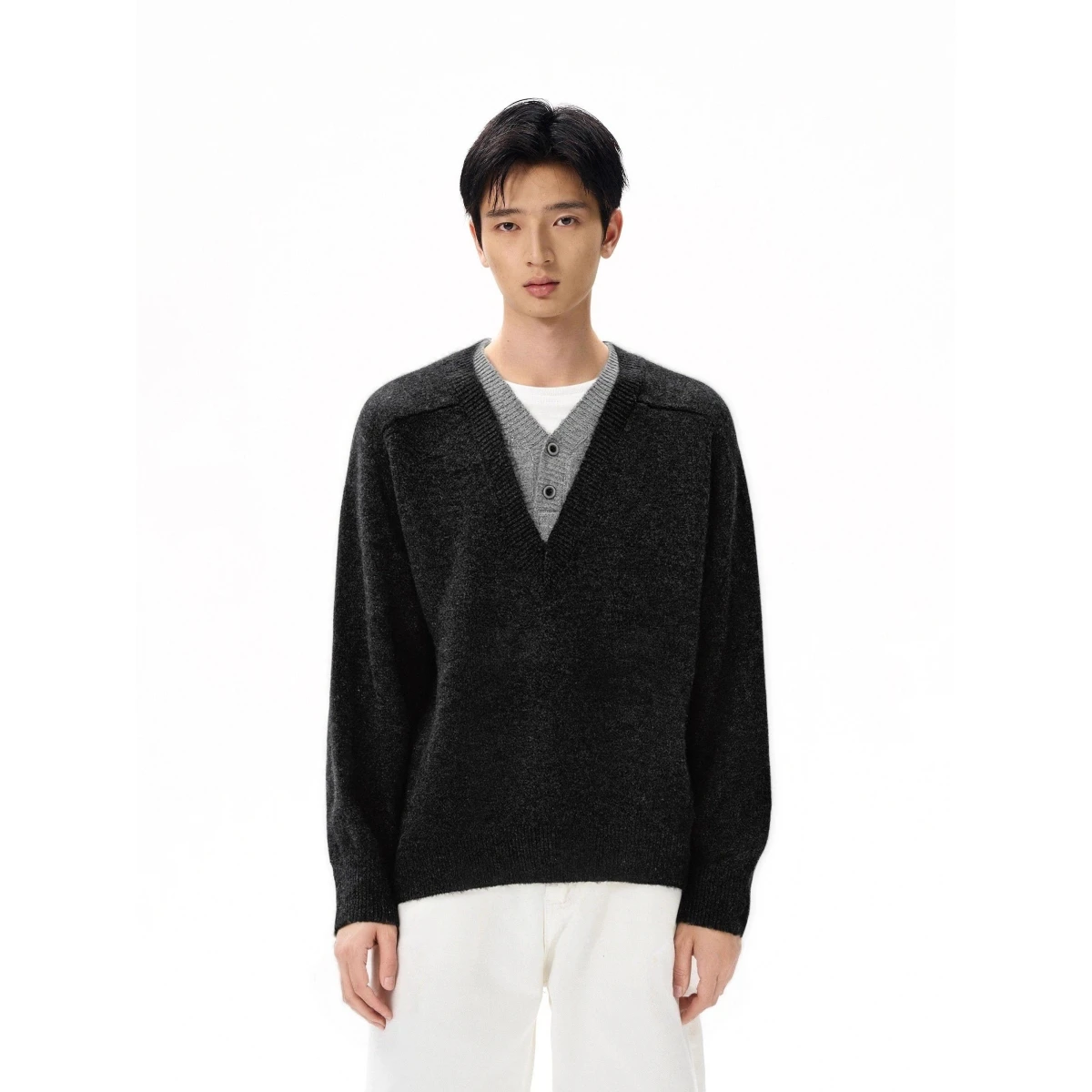 Tiefer V-Ne-Strickpullover, gefälschtes zweiteiliges Set, Lazy Sle Base Irt für Männer und Frauen, Herbstsaison, Freizeitkleidung, Polyesterfaser