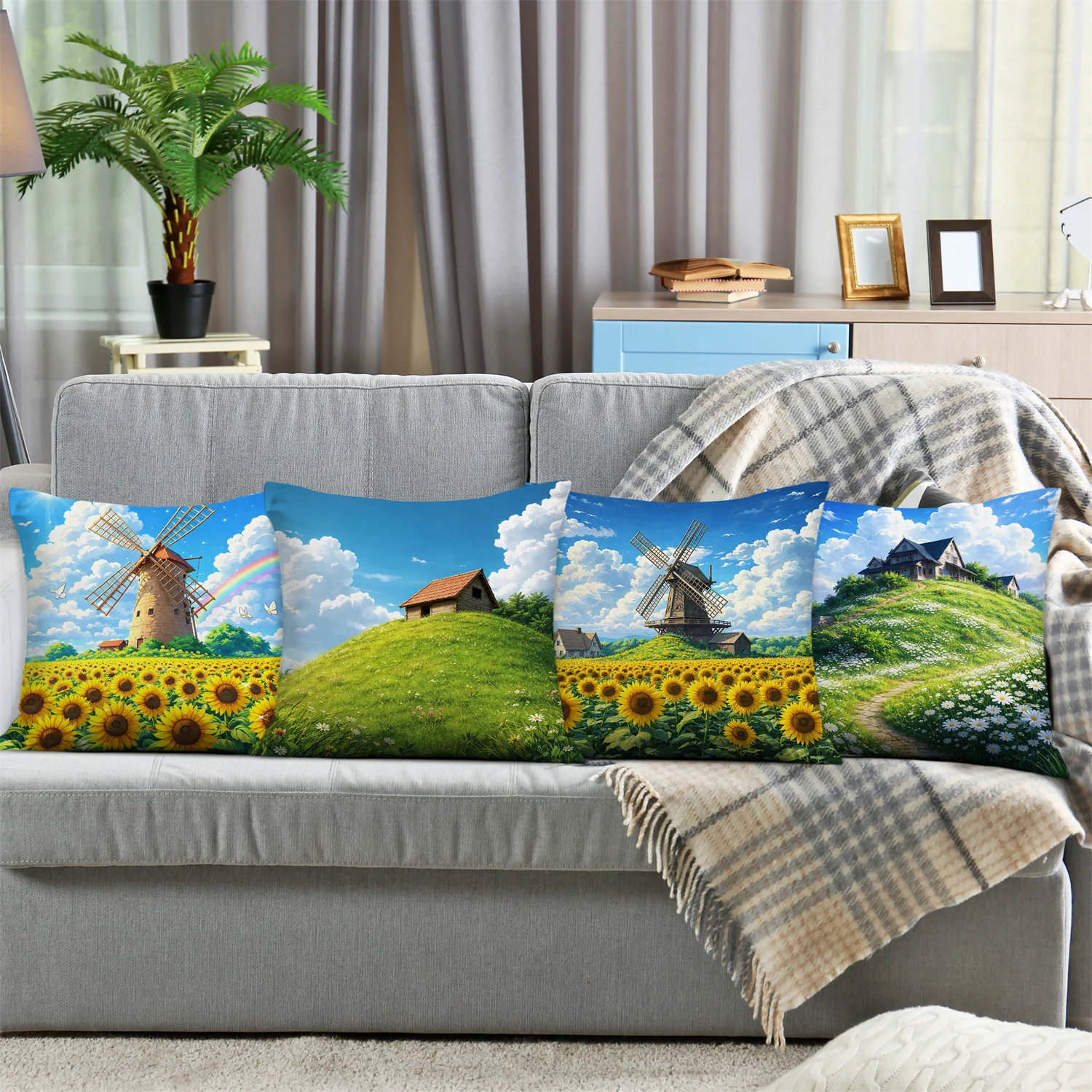 Windmill and Sunflower Scenery digital printing pillow cover Short plush Suitable living room bedrooms sofas throw cushion cover