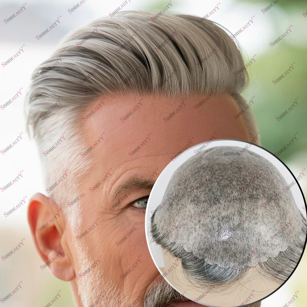 

1B80 Gray Black Human Hair Durable Skin Poly Silicon Durable Hair Replacement Capillary Prosthesis Cheap Injected Male Hair Wig