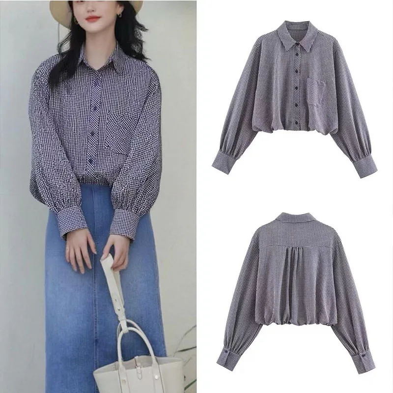 

2025 Autumn New European and American Style Fashion Turn-Down Collar Long Sleeve Cropped Plaid Balloon Shirt