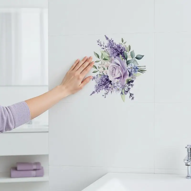 【YA】Waterproof Purple Hyacinth Wall Stickers Removable Flower Decals for Bathroom and Toilet
