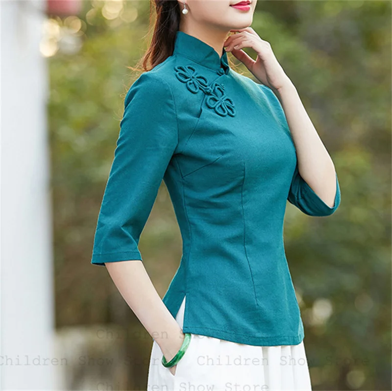 

Ethic Style Vintage Cheongsam Top Women Elegant Flower Hanfu Qipao Shirt 3/4 Sleeve Tang Clothes Cotton Line Costume Shirts