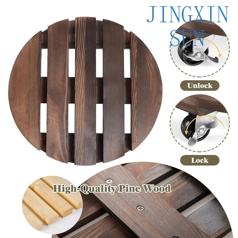 Plant Stand with Wheels Rolling Plant Stand Heavy Duty Wooden Round Plant Dolly Rollers with Metal Lockable Casters