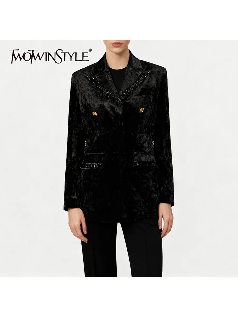 

TWOTWINSTYLE однотонные бархатные пиджаки с металлическими пуговицами для женщин, туника с лацканами и длинными рукавами, лоскутный винтажный пиджак из бисера, женский