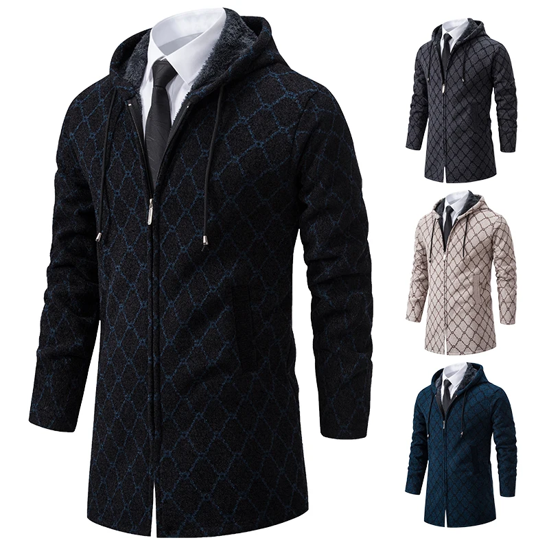 Male Knit Trench Coat Long Zipper Cardigan Winter Autumn New Sweater Long Jackets Korean Men's Luxury Parkas Hooded Overcoat