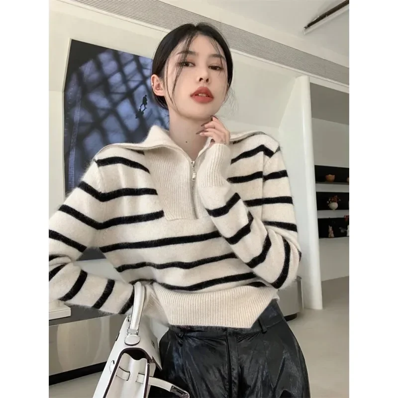 Sailor Collar Striped Sweater for Women Zip Front Long Sleeve Knitted Pullover Jumper Fall Winter Vintage Chic Outfit