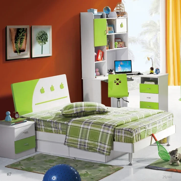 Safety barrier boy and girl single bed with cabinet children  bedroom set