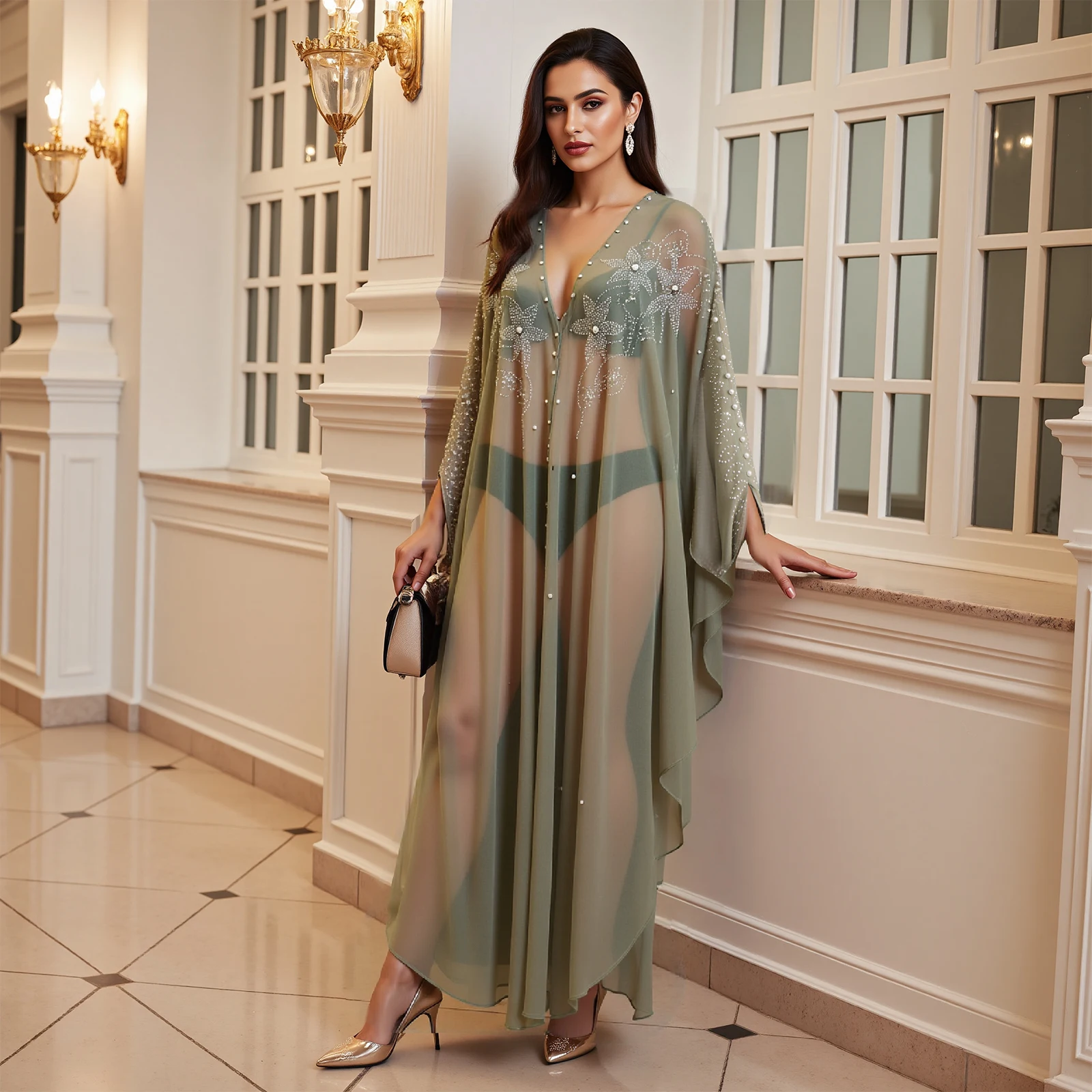 

Women's Summer Autumn Mesh Long Kaftan Dress Solid Color Long Bat Sleeve Hooded Rhinestone Cape Arab Dress
