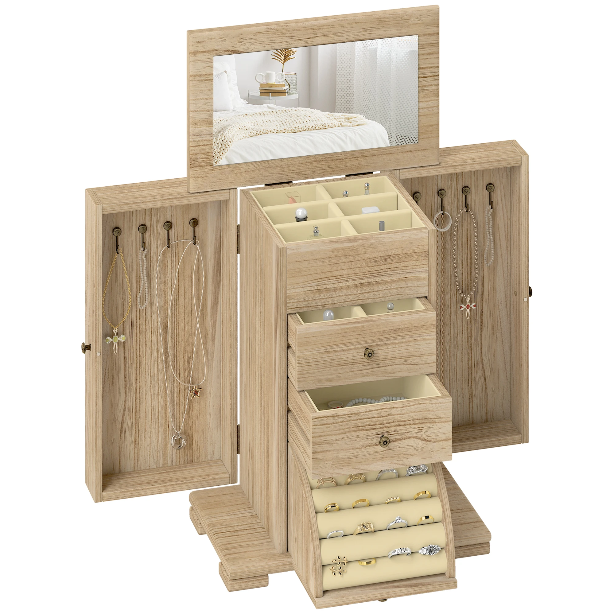 Joyero de Madera de 4 Niveles Joyero Mujer Organizador con 2 Cajones Espejo para Pendientes Anillos Collares Natural