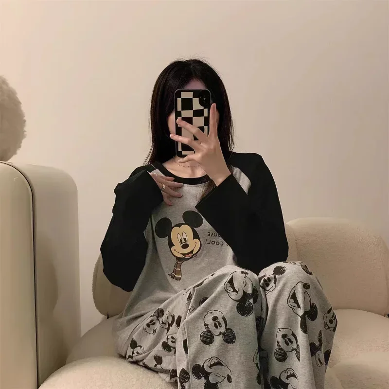 Disney Mickey Mouse otoño algodón puro nuevo conjunto de dos piezas de manga larga con cuello redondo pijamas de seda para mujer conjunto de ropa de