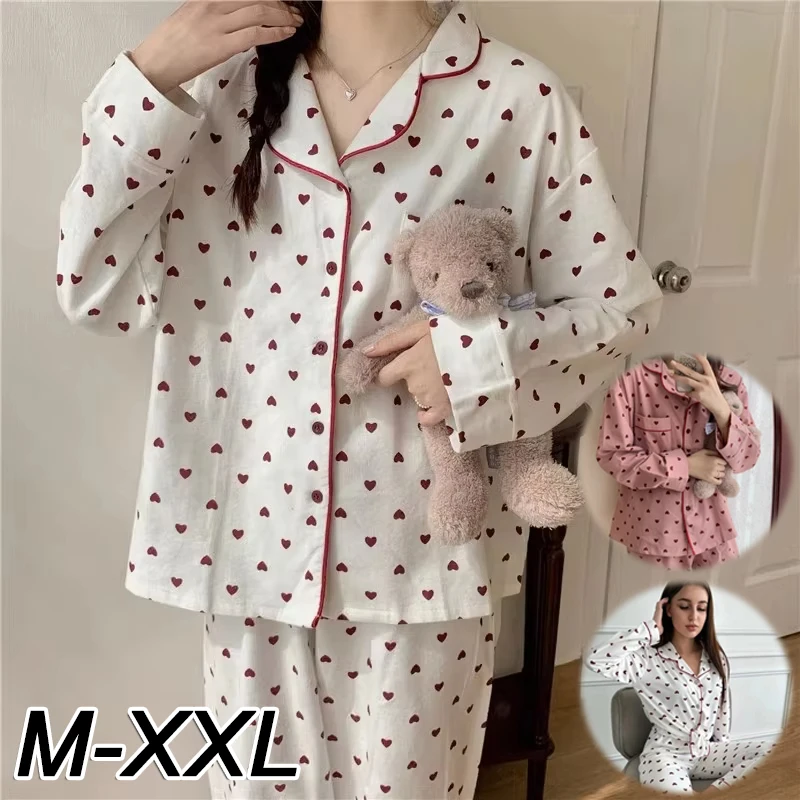 M-XXL Large Size Nightwear Women Sleepwear Autumn and Winter Cardigan Home Wear Peach Heart Long Sleeves School Silk Pajamas