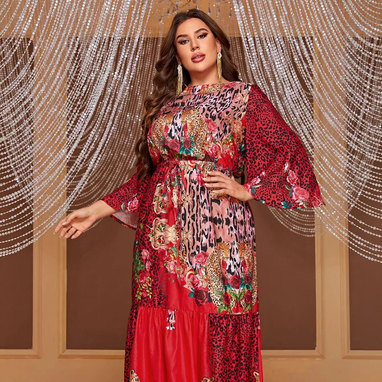 Spring/Summer Large Size Printed 3/4 Sleeves Big Red Featured Patchwork Printed Leisure Women's Long Dress