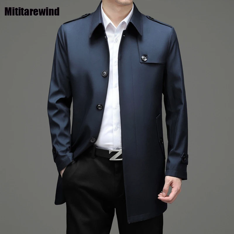 Classic Fashion Trench Coats Men Business Casual Mid-long Windbreaker Lapel Khaki Long Coat for Men Simple Mens Jackets M-4XL