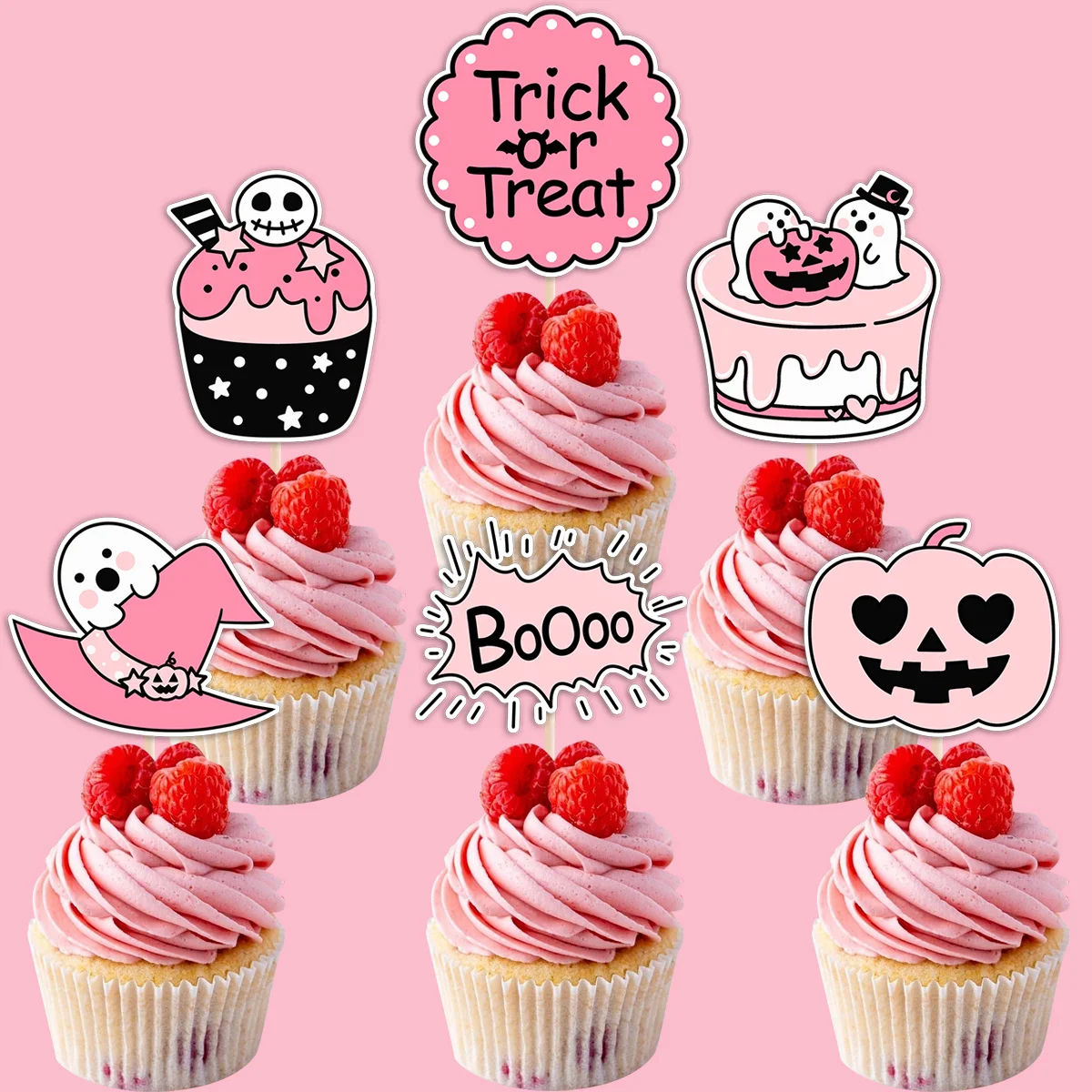 18Pcs Pink Pumpkin Ghost Cupcake Topper Cute Halloween Cake Toppers for Trick Or Treat Party Decoration Home DIY Party Supplies