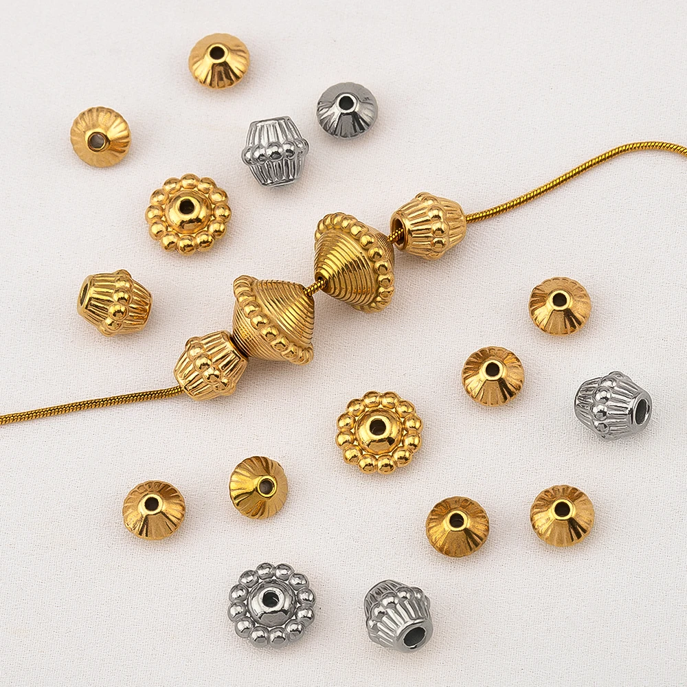 2/5/10Pcs Stainless Steel Textured Spacer Beads Vintage Pattern Loose Beads For DIY Bracelet Necklace Jewelry Making Accessories