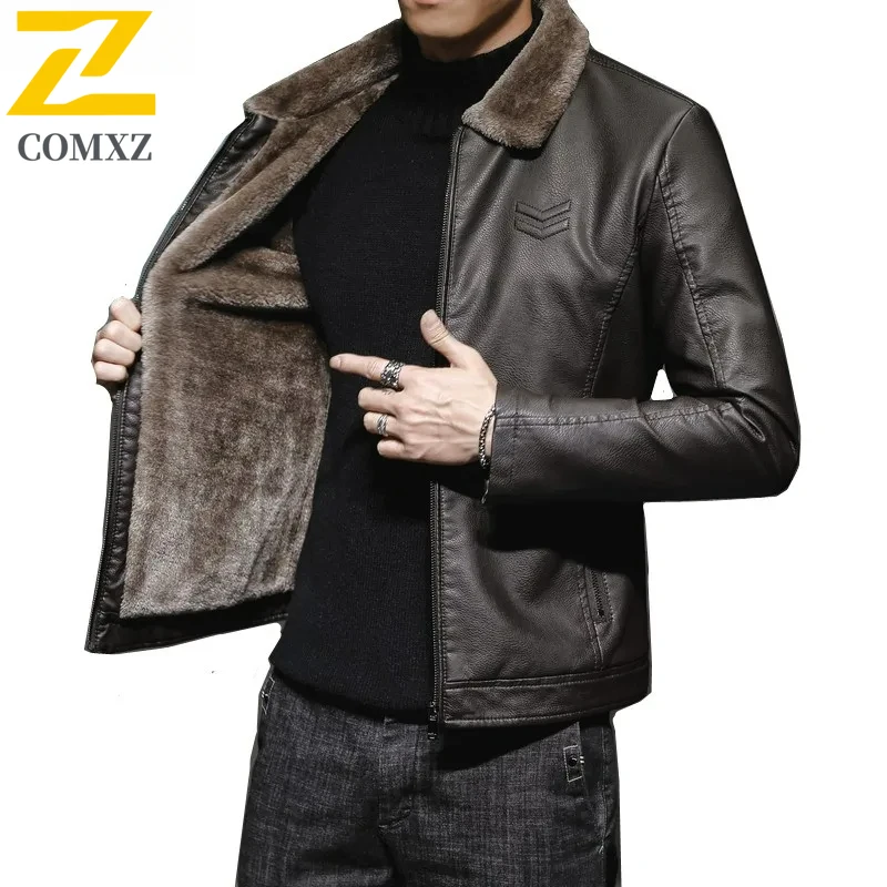 Winter Men's Leather Jacket 2025 New Solid Color Plush and Thick Outdoor Travel Lapel Windproof Coat Men's Warm Leather Clothing