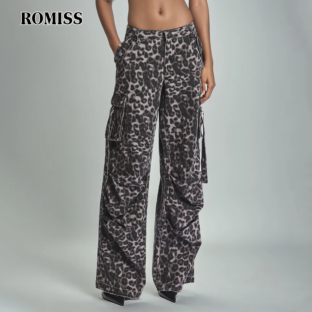 

ROMISS leopard stitching pocket women's trousers high waist stitching buttons loose wide -leg long pants female fashion new