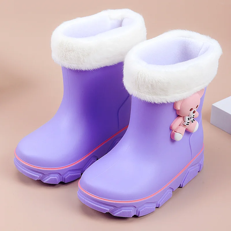 Winter Solid Children Rain Boots Waterproof Detachable Warm Plush Slip On Boys Girls Water Shoes Cute Non Slip Kids Rainboots