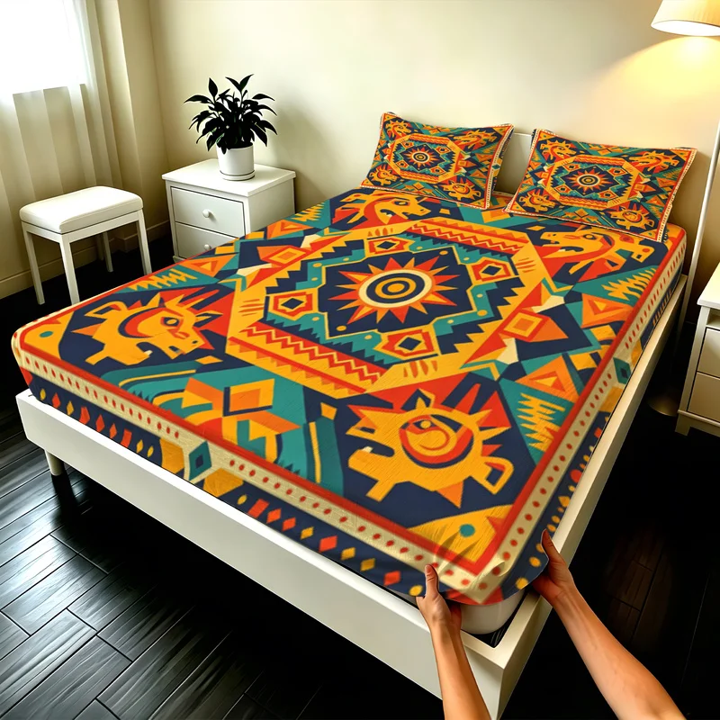 3Pcs Microfiber Fitted Sheet Set,Deep Pocket,Multi-Sizes,Durable,Bohemia Bedroom Decor,Bold Sunburst and Geometric Tribal Motif