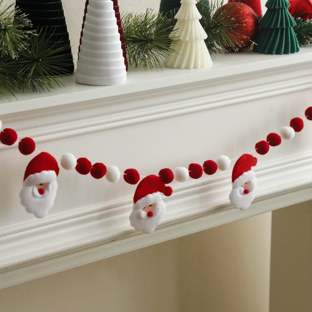 Christmas Santa Claus Garland Red & White Pom Pom Felt Ball String with Santa Heads for Xmas Tree,Wall & Fireplace Hanging Decor