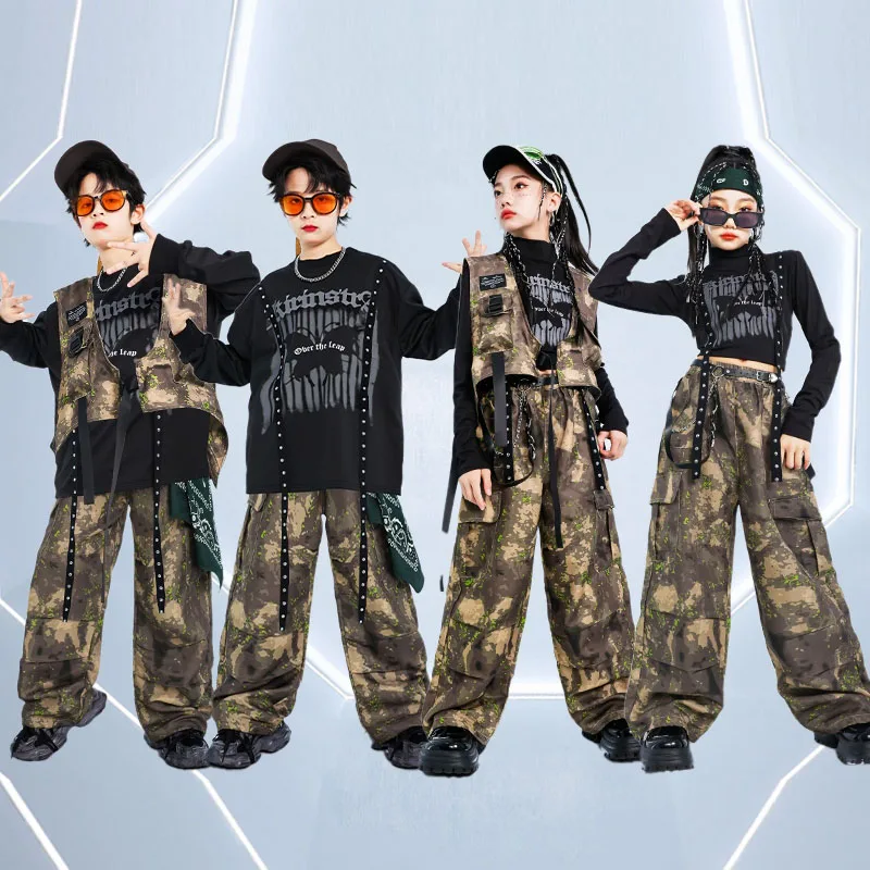 Jazz Modern Dance Clothing Children Hip Hop Kpop Stage Outfit Kids Street Dance Costume Black Tops Camouflage Cargo Pants 1177