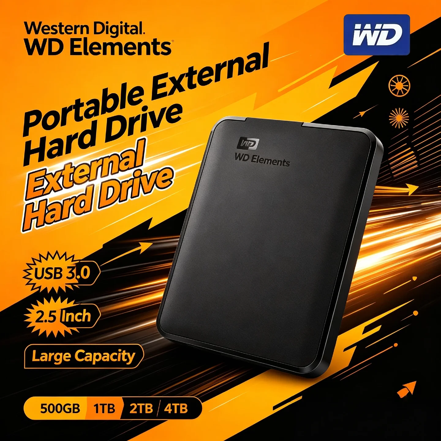 Western Digital WD Elements 1TB 2TB External Hard Drive 2.5 Inch USB 3.0 Portable HDD for Desktop PC Laptop Pro Unit