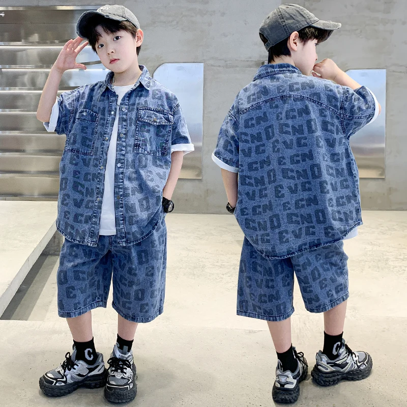 

Boys Denim Sets Ages 4-14Y Child Shirt Top+ Shorts Bottom Little Boy Summer Casual Fashion Baby Letter Drawing Clothing Sets
