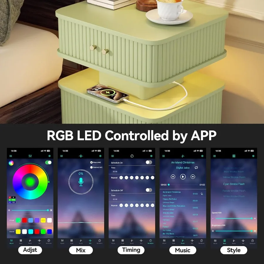 Nightstands Set of 2 with Charging Station Modern Night Stands Set 2 with Smart Led Light and Small Sliding Door Cabinets Curvy