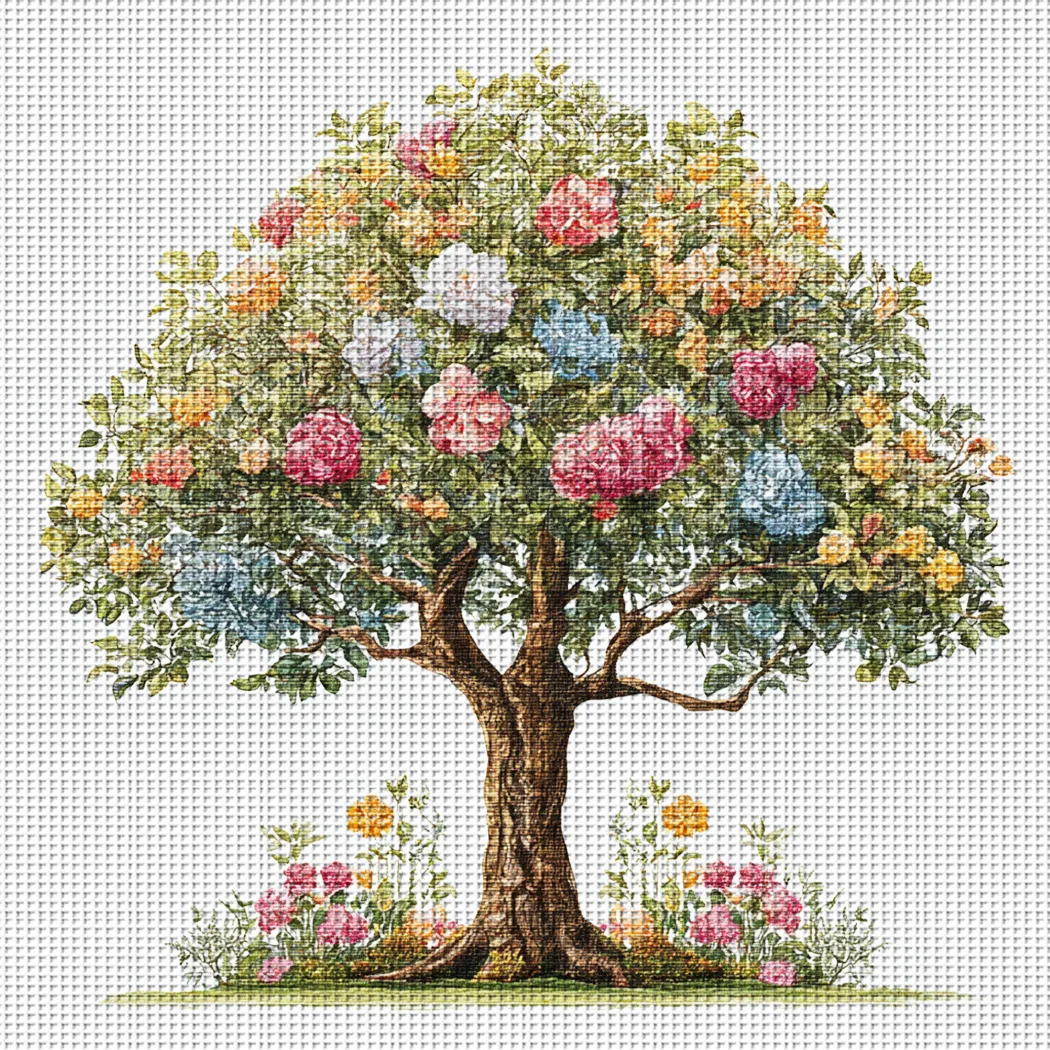 1 Stück 36x36cm/14,17x14,17 Zoll, 11CT Druck-Kreuzstich-DIY-Set, Bunter Blumenbaum, Entspannendes Kreuzstich-Set für Erwachsene Anfänger