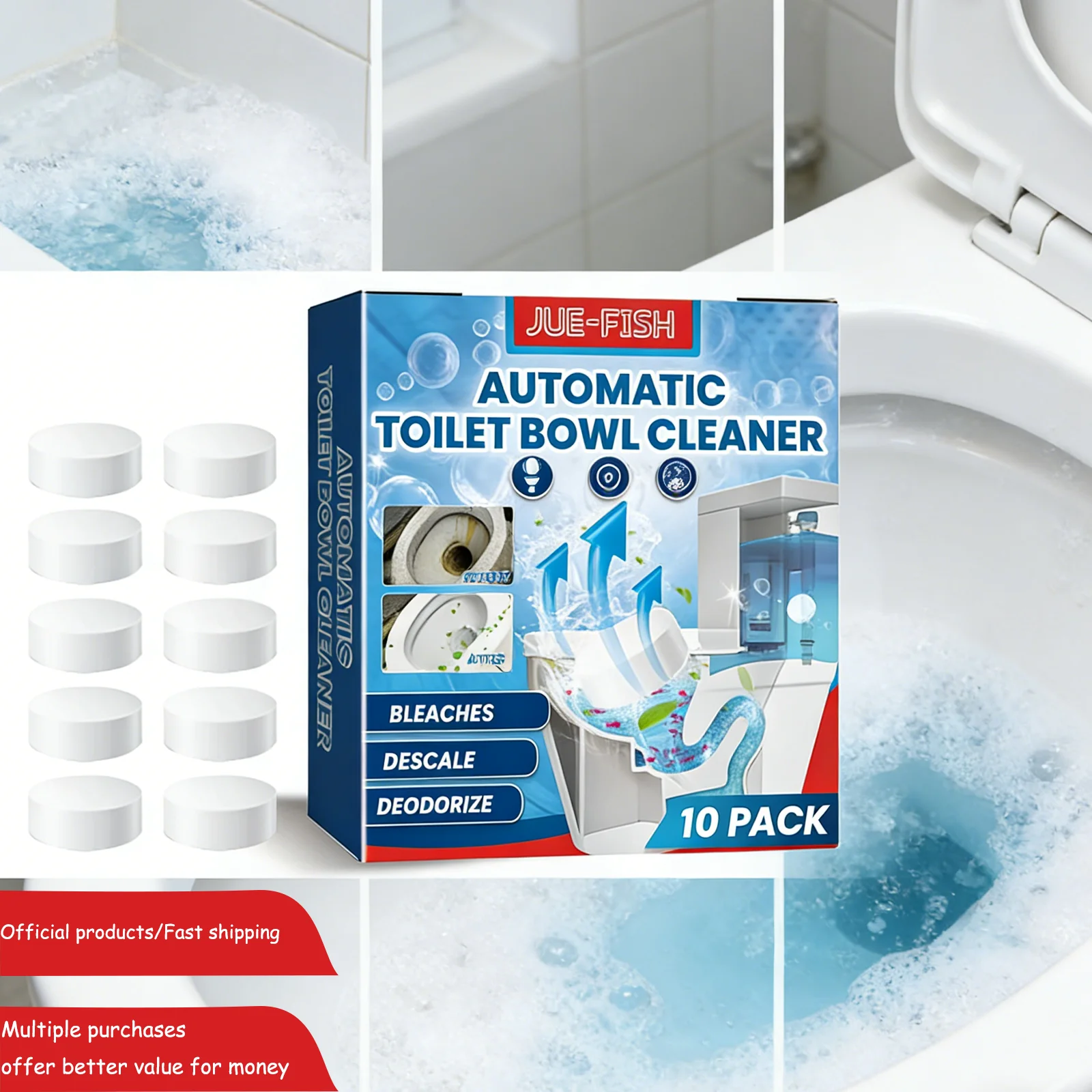 

Шипучие таблетки для чистки унитаза Jue-Fish, мощный дезодорант для удаления пятен, оставляет свежий аромат для ванной комнаты