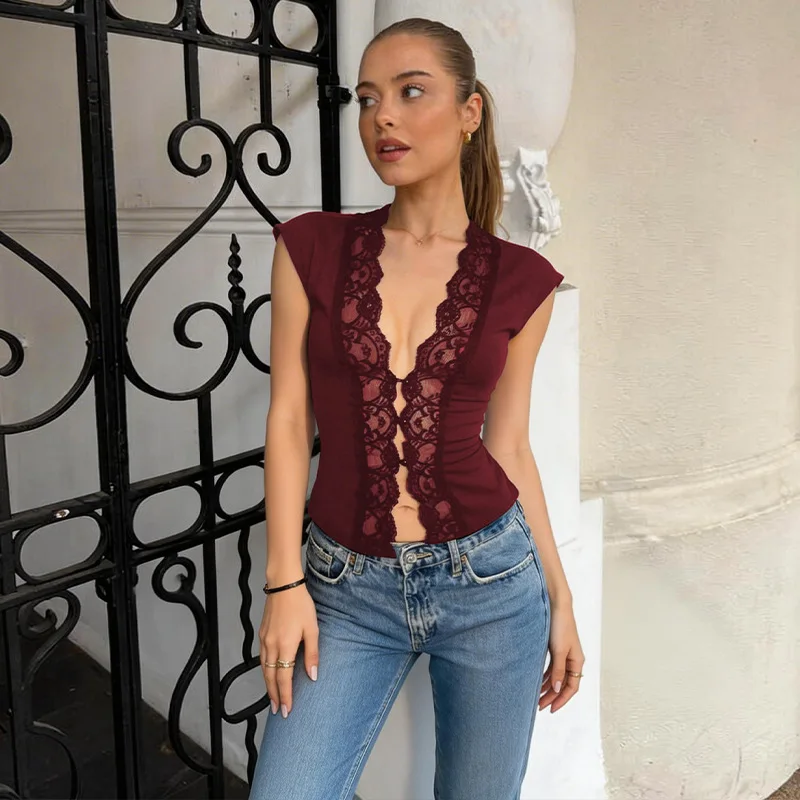V-neck Sleeveless Top With Lace Sheer Front-buttoned Slim Fit Crop Top Summer Daily Outings Cheap Clothes