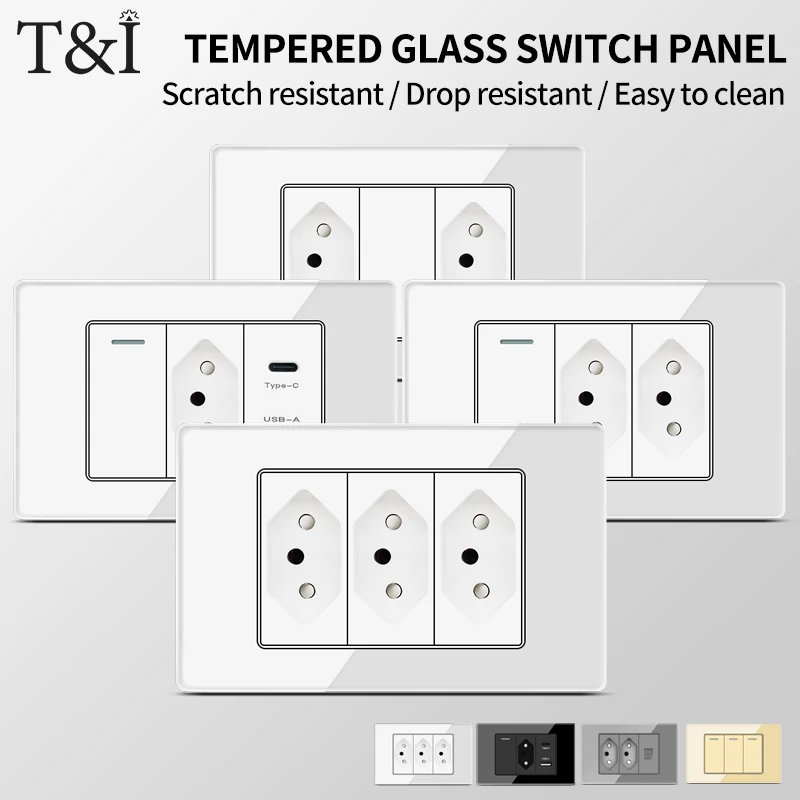 T&I 118 مآخذ التبديل الجدارية لوحة من الزجاج المقسى Type-C USB مقبس الحائط حزمة للبرازيل ، 3 عصابة الجدار التبديل