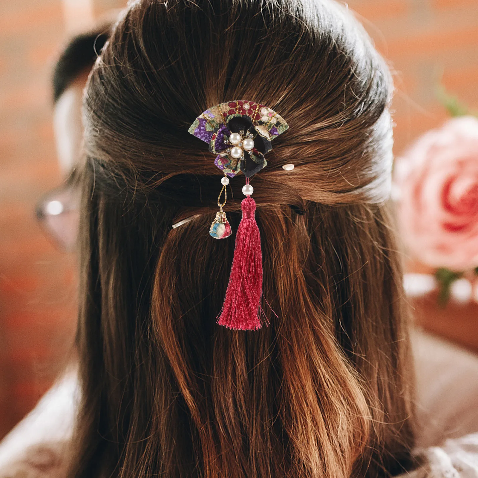 

Traditional Japanese Hair Clip with Tassel Fan Shaped Barrette for Women Asian Style Hairpin Ideal for Festival Wedding Party