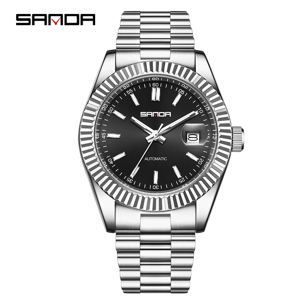 SANDA 5601 클래식 남성용 자동 기계식 시계 비즈니스 솔리드 스틸 벨트 시계 방수 야간 조명 달력 캐주얼 시계