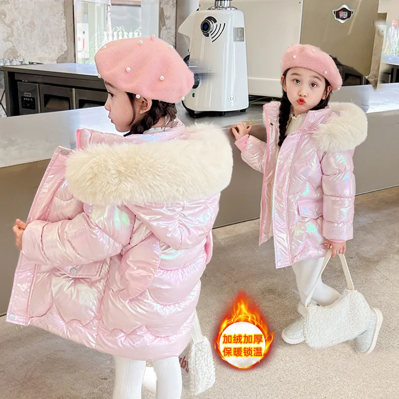 2024 Winter Coats Girls Warm Long Down Jackets Kids Fashion Unicorn Shiny Waterproof Parka Children Fur Collar Hooded Outerwear