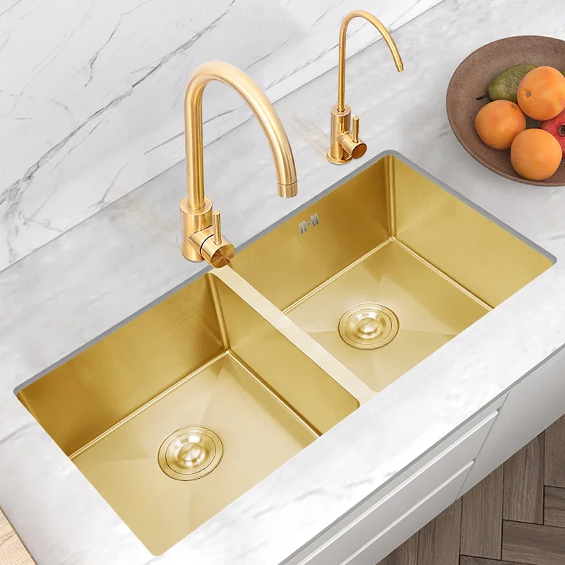 

Gold nano sink, double sink size, 304 stainless steel thickened kitchen sink, vegetable basin, household use