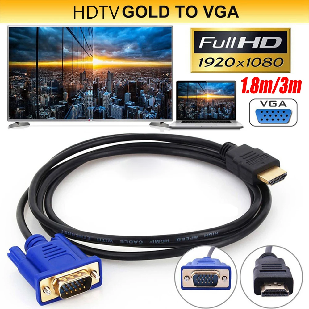 1.8m HDMI-compatible to 15Pin VGA Cable 1080P Video Adapter Male to Male Cord for HDTV Projector Displayer PC Laptop Conventor