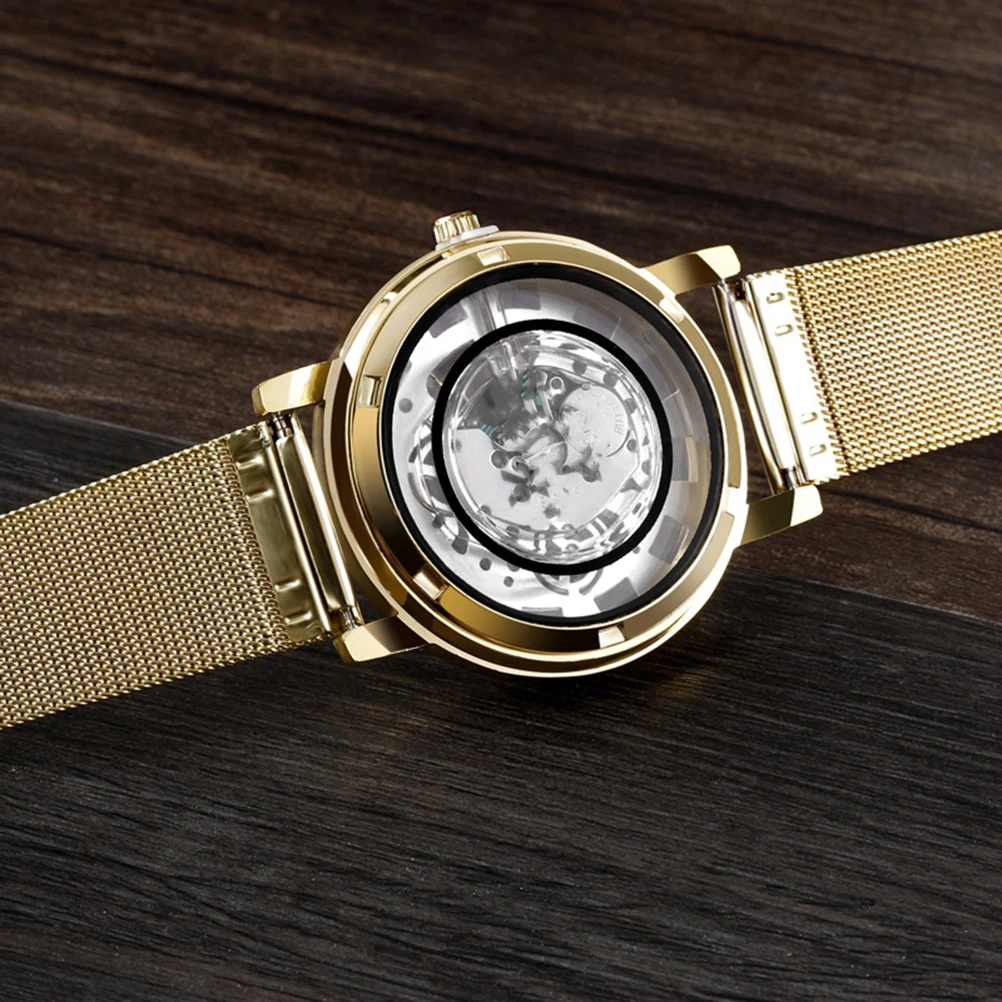 

Golden Steel Strap Watch Clocks/ Watches Business Quartz for Men Mesh Band Hollow Out