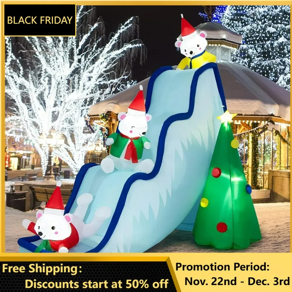 Christmas Inflatable Polar Bear Slide Scene Decoration with LED Lights & Ground Stakes, Portable Festival Holiday Inflatables