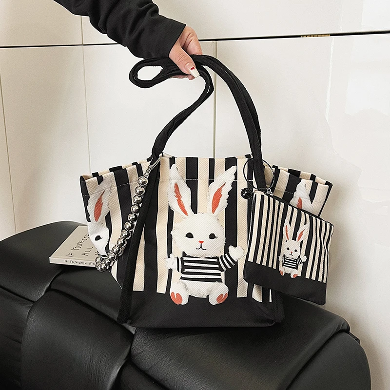 

Fashion Chain Shoulder Bag Korean Style Women Casual Vacation Bag Cute Rabbit Printing Cartoon Handbag leisure Canvas Shopper Ba