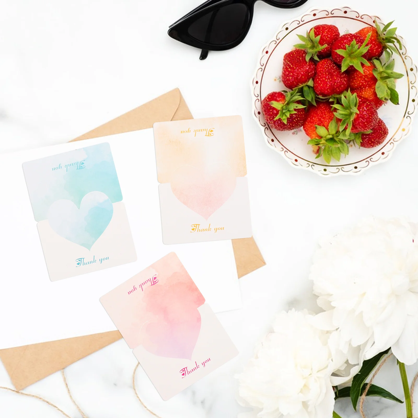

30Pcs Colorful Greeting Cards Heart Wedding Thank You Notes Baby Shower Birthday Commemoration Floral Design Cards Small