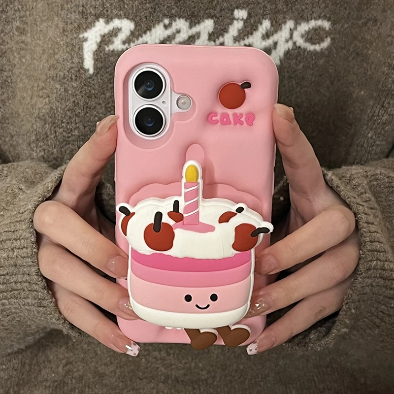 

Cute 3D Cake Folding Kickstand Phone Case For iPhone 16 15 13 14 12 Pro Max Soft Silicone Back Cover