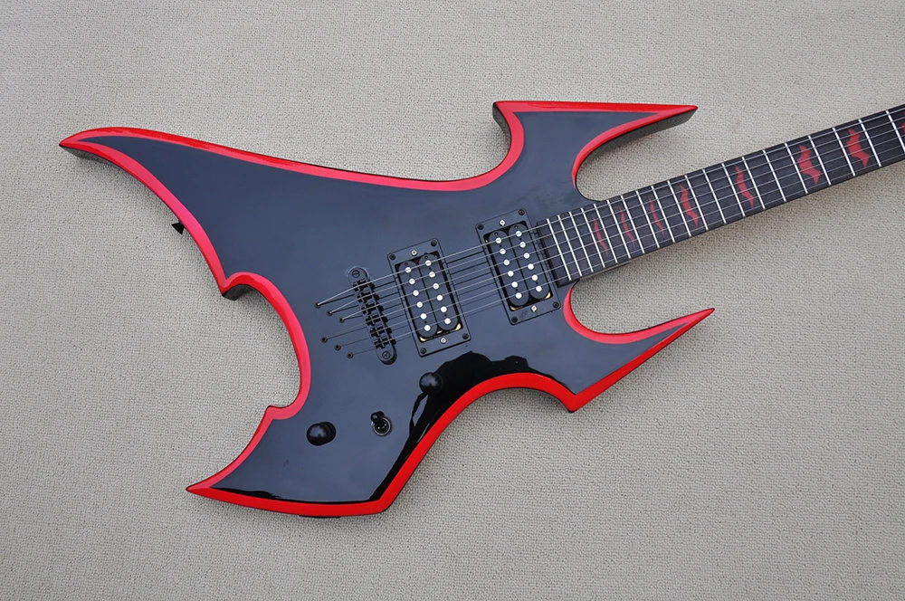 Unusual Shape Black Body Electric Guitar with Rosewood Fretboard,Black Hardware,Red binding,Provide Customized Services