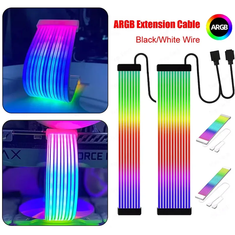 Câble PC 5V 3 broches ARGB synchronisé, câble d'extension d'alimentation pour carte mère 8/24 broches, kit DIY de bande lumineuse LED flexible pour alimentation d'ordinateur