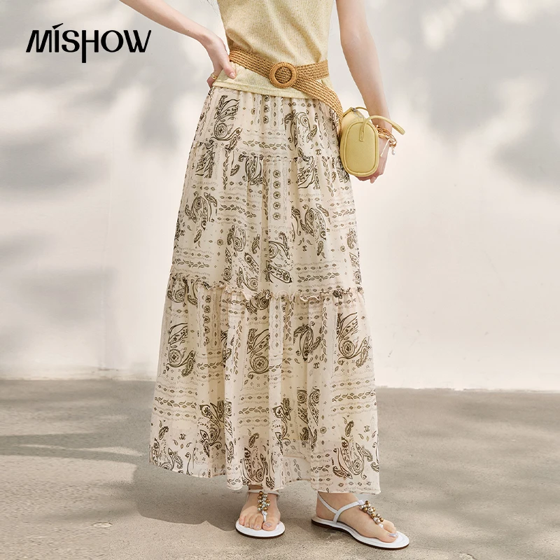 

MISHOW Women's Bohemian Paisley Print Chiffon Skirt 2026 Summer Elastic Waist Tiered Ruffle Long Skirt Vacation Skirt MXF28B2554