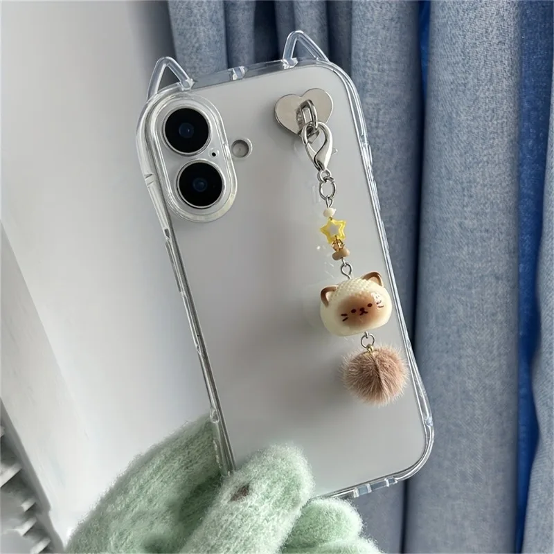 3D Kitten Phone Chain Resin Cat Keychain Student Cute Bag Pendant Anti Lost Phone Lanyard Strap with Heart Hook Women Girls Gift